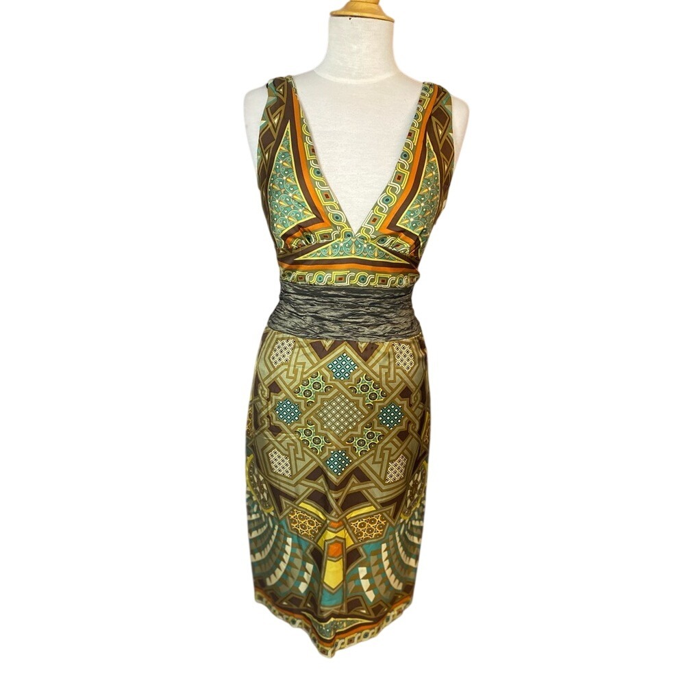 Nicole Miller Collection Sheath 100% Silk Olive Green and Earth Tones Size 4 💐